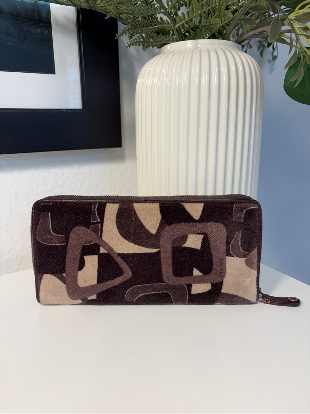 Vintage Celine Abstract Geometric Print Velvet Zip Wallet